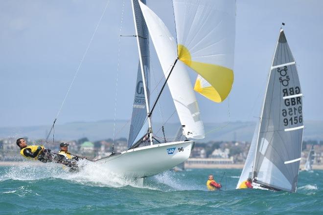 Current 505 National Champions and 505 Pre-worlds winners British sailors Smith and Needham launch off in Weymouth Bay © Christophe Favreau http://christophefavreau.photoshelter.com/